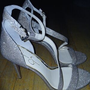 Jessica Simpson Sparkle Bling Sandals Heels Strappy Size 11 silver